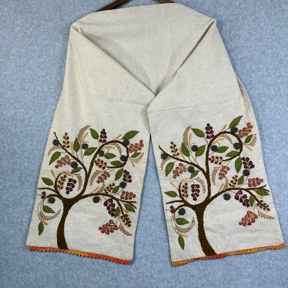 Table Runner 70"x14" Cream Beaded Embroidered Crewel Autumn Tree Trim Fall